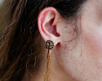 Rose and Black 18k Genuine Solid Gold Falamank Diamond Tassel Drop Dangling Earrings
