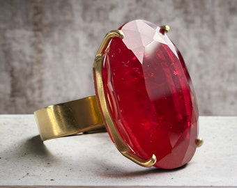 18k Yellow Gold Natural Rubellite Ring, Oval Red Rubellite wide band ring, Etruscan inspired unpolished gold ring, Amazing Color
