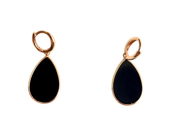 18k Solid Rose Gold Black Onyx Earrings, Tear Drop Onyx Earrings, Gala Jewelry