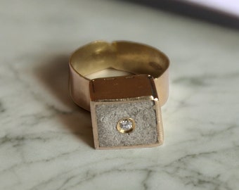 18k Solid Gold Diamond ring with concrete and cement, Diamond Gold Adjustable Ring, Etruscan Inspired Unpolished Gold Ring.