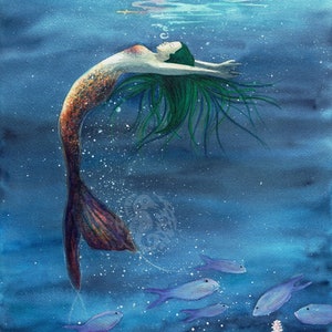 Mermaid & The Damsel Fish - Original Watercolor Painting - Hand painted - Giclée Print - Unframed - Wall Art