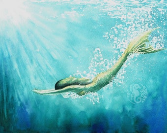 Mermaid Swimming Free - Original Watercolor Painting - Giclée Print - Unframed