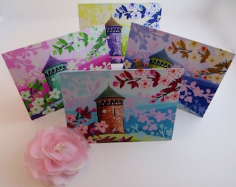 Set of 4  Notecards & Envelopes - Rockford Water Tower - Bank Inside - Notecard Giftbox - Floral Blossoms - Fairytale  - 4x6 inches