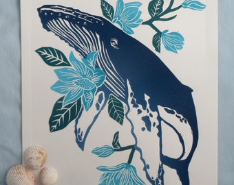 Humpback Whale-Breach In Bloom-Original Linocut Print-8x10 inches-Handprinted-Limited Edition-Humpback-Unframed