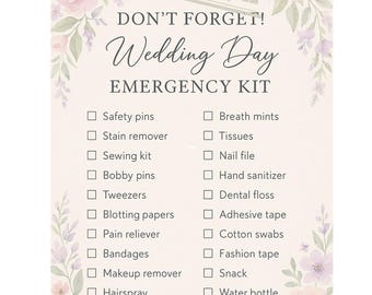 May include: A checklist with the title "Don't Forget! Wedding Day Emergency Kit" with a floral background. The checklist includes items such as safety pins, stain remover, sewing kit, bobby pins, tweezers, blotting papers, pain reliever, bandages, makeup remover, hairspray, deodorant, breath mints, tissues, nail file, hand sanitizer, dental floss, adhesive tape, cotton swabs, fashion tape, snack, water bottle, and phone charger.