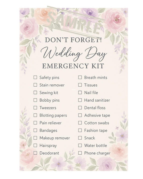 Printable Wedding Day Emergency Kit Checklist | One Page Bridal Emergency List | Instant Download