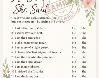 He Said, She Said - Bridal Shower Game Printable PDF Download