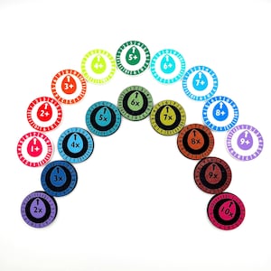 May include: A set of 10 colorful circular game pieces with numbers and arrows. The pieces are arranged in a rainbow pattern, with the numbers increasing from 1 to 10.