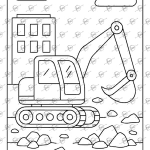 May include: Black and white line drawing of a construction scene. An excavator is next to a building with windows, with rocks and clouds in the background. The excavator has a large bucket and tracks.