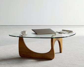 Mid Century Modern Triangle Coffee Table, Glass Top Wood Coffee Table, Modern Living Room Table, Sculptural Triangular Accent Table
