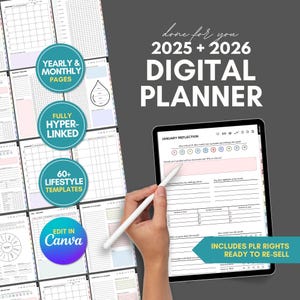 Könnte beinhalten: Ein digitaler Planer für 2025 und 2026 mit einer Vielzahl von Vorlagen, darunter Monatskalender, Jahreskalender und Lifestyle-Tracker. Der Planer ist vollständig hyperverlinkt und kann in Canva bearbeitet werden. Der Text "done for you" und "INCLUDES PLR RIGHTS READY TO RE-SELL" ist auf dem Bild sichtbar.