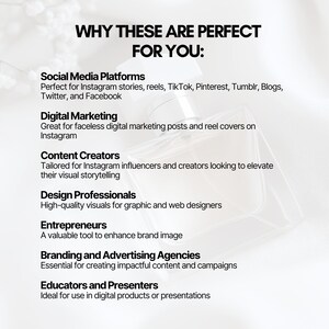 May include: A white background with black text listing reasons why these visuals are perfect for social media platforms, digital marketing, content creators, design professionals, entrepreneurs, branding and advertising agencies, and educators and presenters.