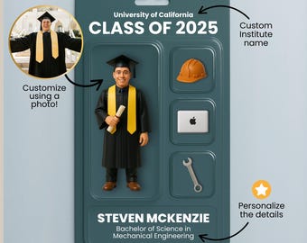 May include: A graduation cap figure with a yellow sash and diploma, a hard hat, a laptop, and a wrench. The figure is labeled "Steven McKenzie, Bachelor of Science in Mechanical Engineering". The background is a blue and green plastic card with the text "University of California CLASS OF 2025".