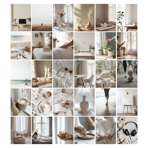 May include: A collage of images featuring a variety of home decor and lifestyle elements, including a diffuser, candles, plants, and a white ceramic vase. The images are arranged in a grid pattern and have a minimalist aesthetic.