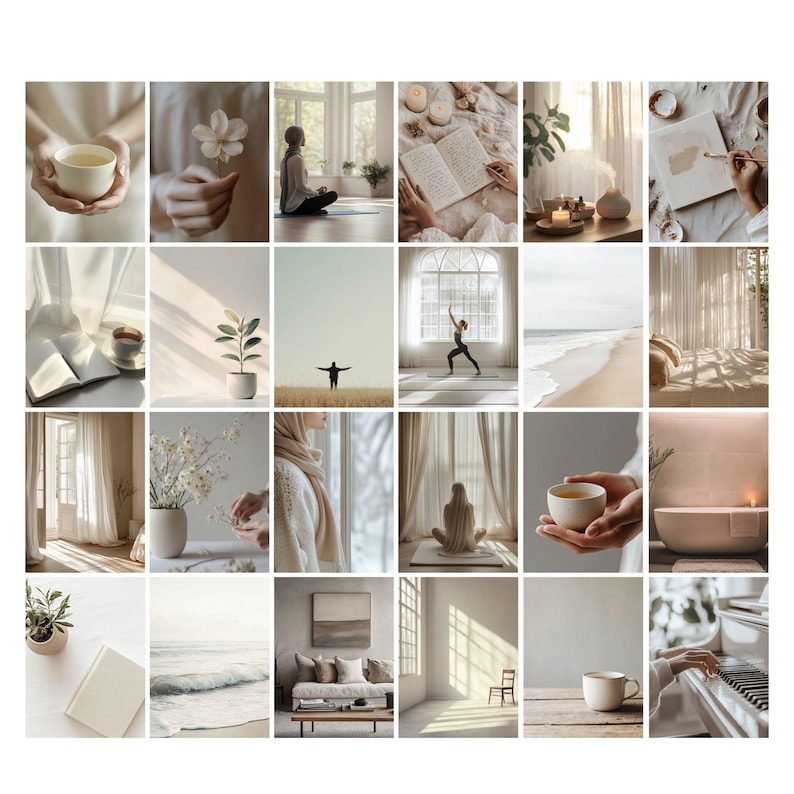 May include: A collage of images featuring a calming and minimalist aesthetic. The images include a person meditating, a cup of tea, a book, a plant, and a window with sunlight streaming through. The overall theme is relaxation and mindfulness.