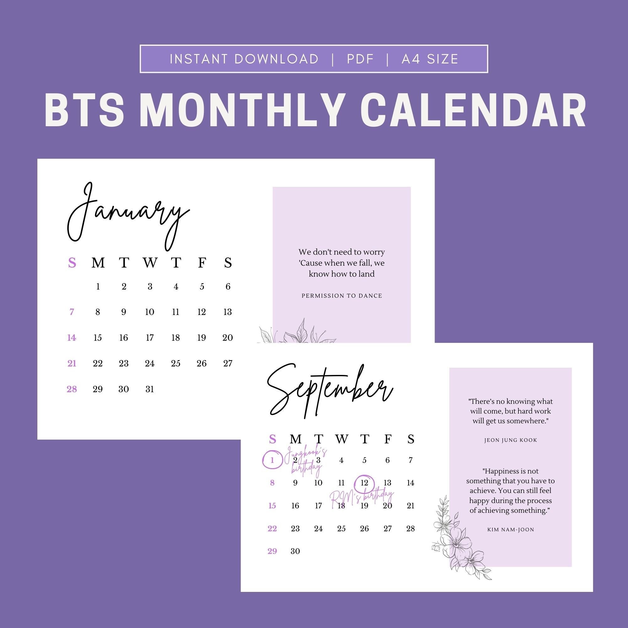 Calendario mensual BTS 2024 PDF imprimible / Descarga Etsy España