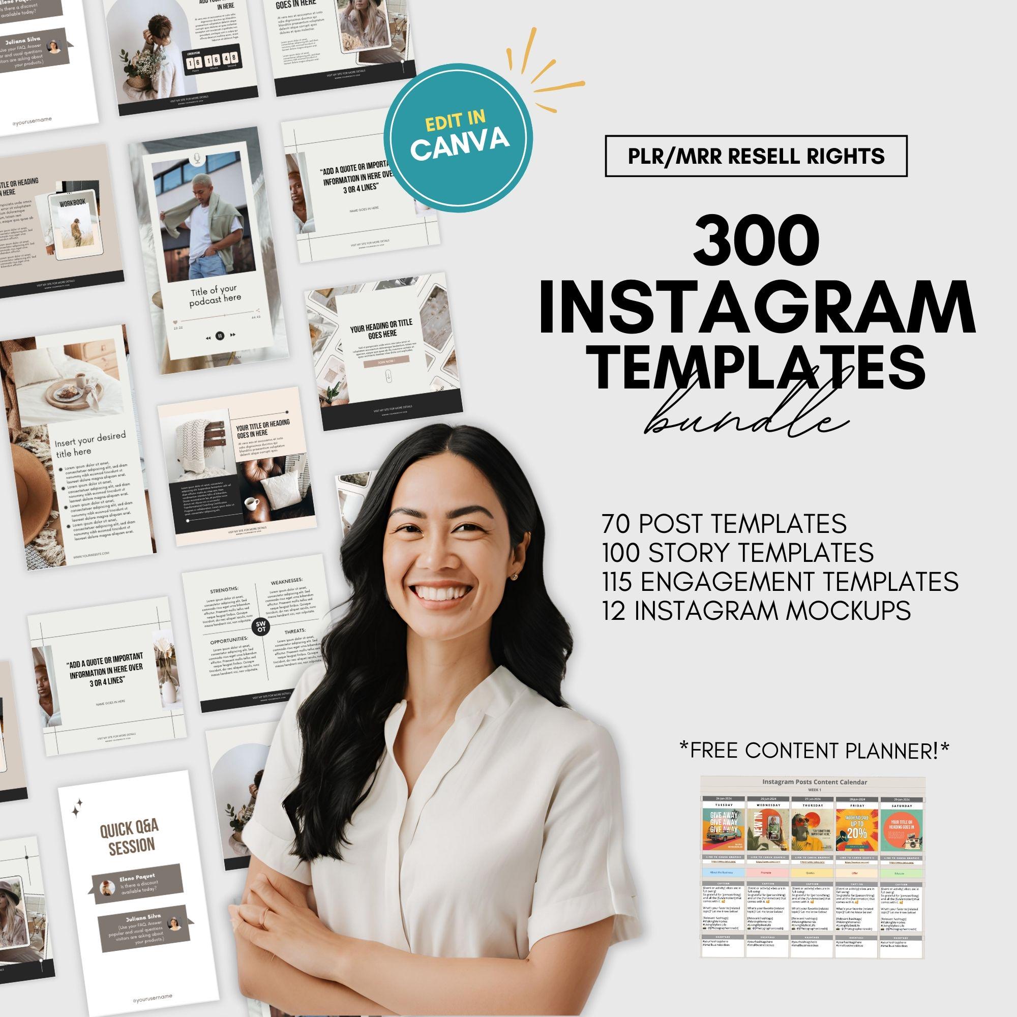 300 Instagram Canva Template Bundle with PLR / MRR Resell Rights | Customizable Social Media Templates for Entrepreneurs & Influencers