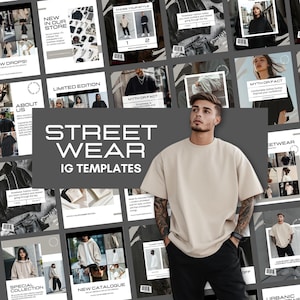 Könnte beinhalten: Eine Collage von Instagram-Story-Vorlagen für Streetwear-Marken. Die Vorlagen zeigen eine Vielzahl von Bildern und Texten, darunter "Streetwear", "Neu im Laden", "Limitierte Edition", "Spezialkollektion" und "Neuer Katalog".