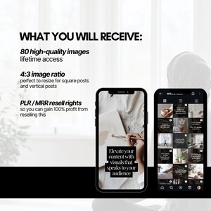 May include: A smartphone mockup showing a phone screen with the text "Elevate your content with visuals that speaks to your audience". The phone is on a white surface. The phone screen shows a grid of images with text overlays. The text on the phone screen is in black and white. The phone is black.