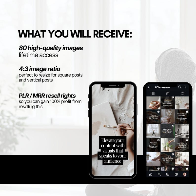May include: A smartphone mockup showing a phone screen with the text "Elevate your content with visuals that speaks to your audience". The phone is on a white surface. The phone screen shows a grid of images with text overlays. The text on the phone screen is in black and white. The phone is black.