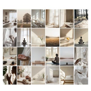 May include: A collage of 16 images featuring a minimalist aesthetic with a focus on natural light, simple objects, and calming scenes. The images include a person meditating, a cup of tea, a book, a plant, and a window with sunlight streaming through.