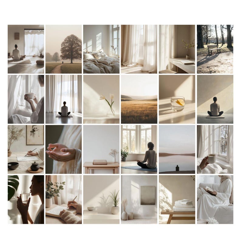 May include: A collage of 16 images featuring a minimalist aesthetic with a focus on natural light, simple objects, and calming scenes. The images include a person meditating, a cup of tea, a book, a plant, and a window with sunlight streaming through.