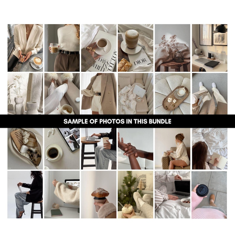 May include: A collage of photos featuring various scenes with a neutral color palette. The photos include a person wearing a beige sweater, a cup of coffee, a laptop, a book, a plant, and a white blanket.