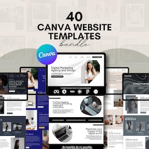 Puede incluir: Un paquete de 40 plantillas de sitios web de Canva. La imagen presenta varias maquetas digitales de diseños de sitios web, mostrando varios diseños y opciones de marca. El logotipo de Canva es prominente, junto con el texto "Digital Marketing Agency and Design."