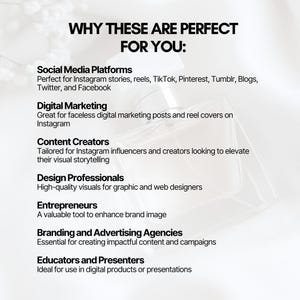 May include: A white background with black text outlining the benefits of using visuals for social media platforms, digital marketing, content creators, design professionals, entrepreneurs, branding and advertising agencies, and educators and presenters.