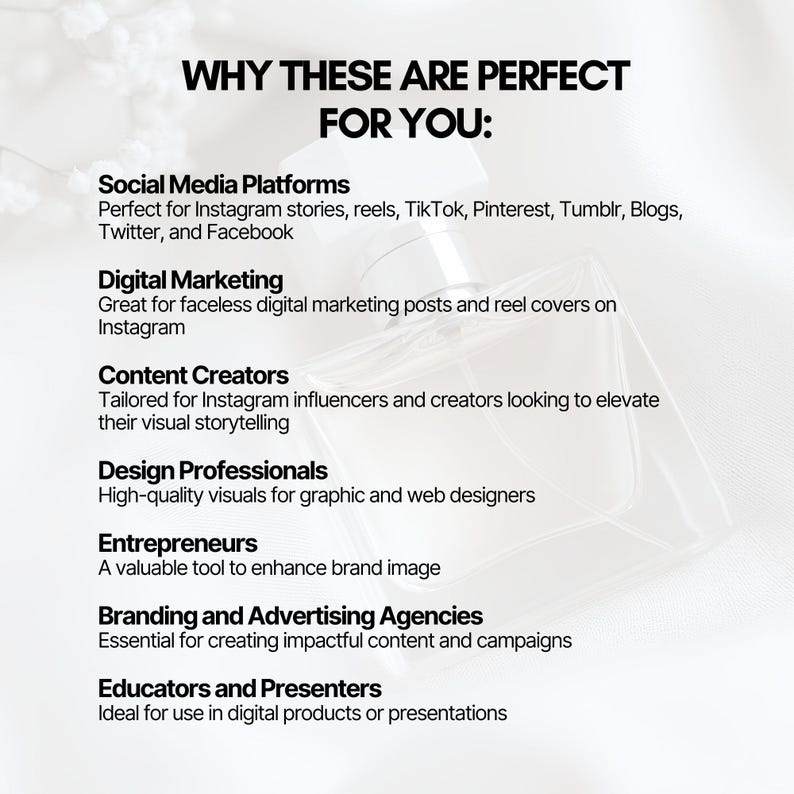 May include: A white background with black text outlining the benefits of using visuals for social media platforms, digital marketing, content creators, design professionals, entrepreneurs, branding and advertising agencies, and educators and presenters.