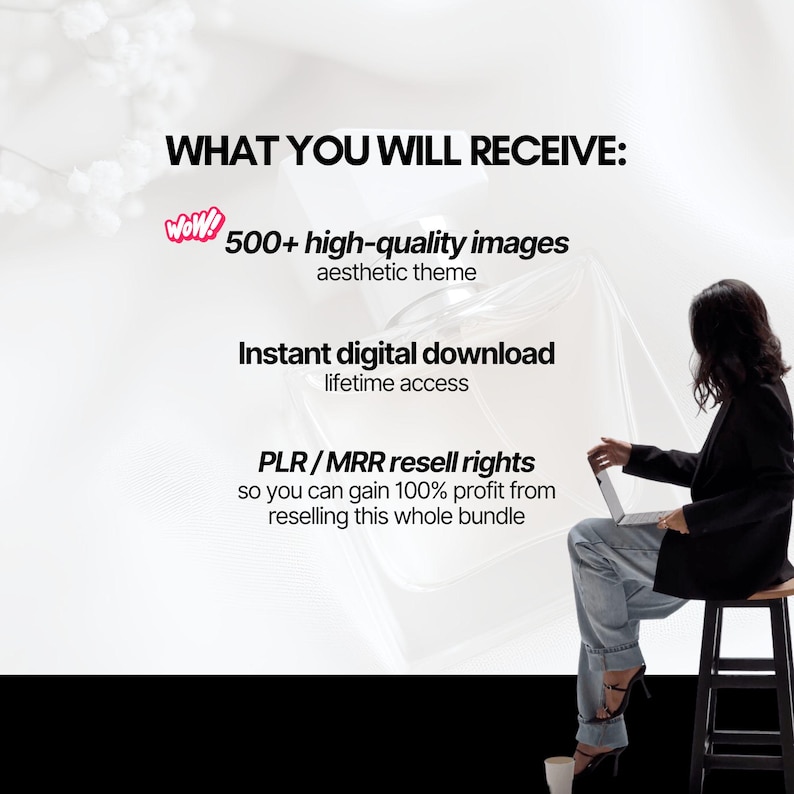 May include: Text overlay on a white background reads "WHAT YOU WILL RECEIVE: WoW! 500+ high-quality images aesthetic theme Instant digital download lifetime access PLR/MRR resell rights so you can gain 100% profit from reselling this whole bundle". A woman is sitting on a stool, wearing blue jeans and a black blazer, and using a laptop.