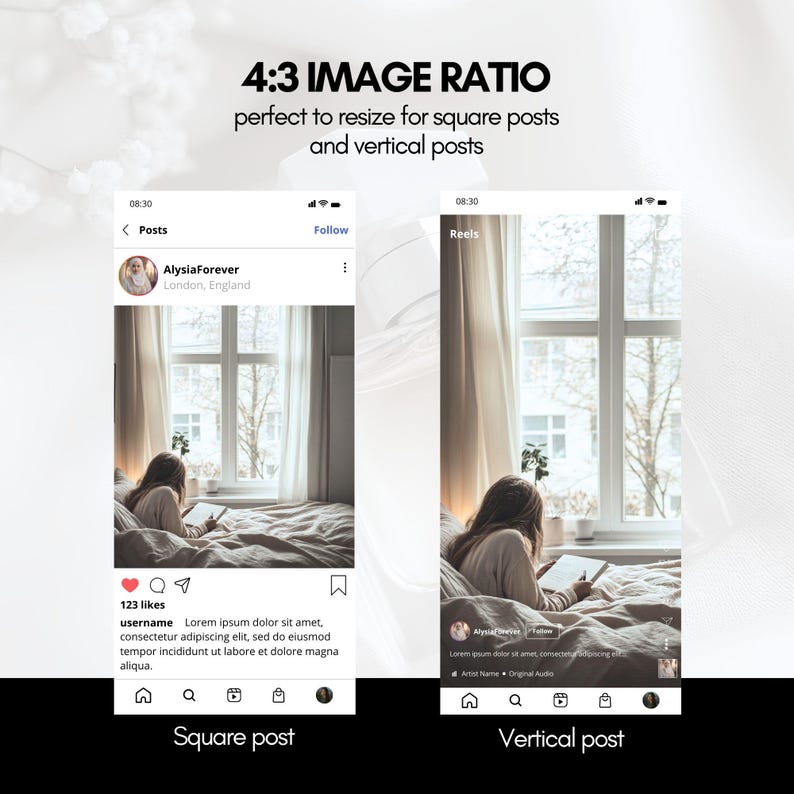 May include: A screenshot of a mobile phone displaying a social media app. The app shows a photo of a woman sitting on a bed, reading a book. The photo is displayed in a square format. The app also shows a vertical format of the same photo. The text "4:3 IMAGE RATIO" is displayed at the top of the screen. The text "perfect to resize for square posts and vertical posts" is displayed below the title.