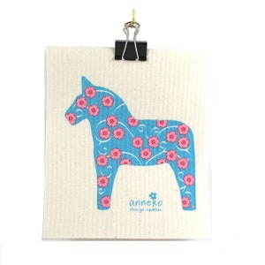 Swedish dishcloth, light blue Dala horse, Anneko design, Eco friendly