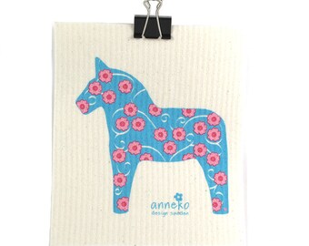 Swedish dishcloth, light blue Dala horse, Anneko design, Eco friendly