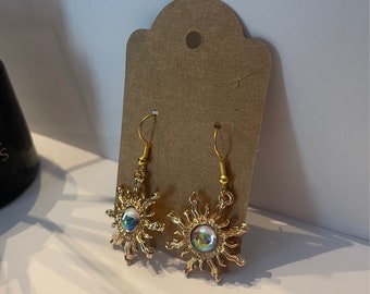 Synthetic Opal Earring Crystal Celestial Earrings Gold Sun Earring Sun and Moon Earring Nickel Free Earring Pushback Sunburst Earring Gift
