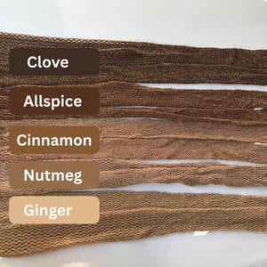 May include: Close-up of five strips of fabric in varying shades of brown, labeled "Clove," "Allspice," "Cinnamon," "Nutmeg," and "Ginger." The fabric has a textured, net-like appearance, with each strip showcasing a different tone of brown.