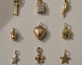Könnte beinhalten: Eine Sammlung goldfarbener Anhänger, darunter ein Schlüssel, ein Vorhängeschloss mit diamantartigem Muster, ein Horn, ein Schnuller, ein herzförmiges Medaillon, ein Elefant, ein Stern mit diamantartigen Akzenten, eine Schleife mit rotem Edelstein und ein Stern mit Textur.