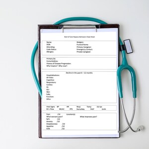 May include: A white sheet with a brown clipboard and a teal stethoscope. The sheet is titled "Start of Care Hospice Admission Cheat Sheet" and includes sections for patient information, medical history, and vital signs.