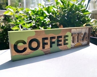 Vintage Look Coffee Bar Sign, Wooden Coffee & Tea Bar Shelf Decor, Coffee Lover Gift, Tea Lover Gift, Coffee Decor, Tea Decor, Contemporary