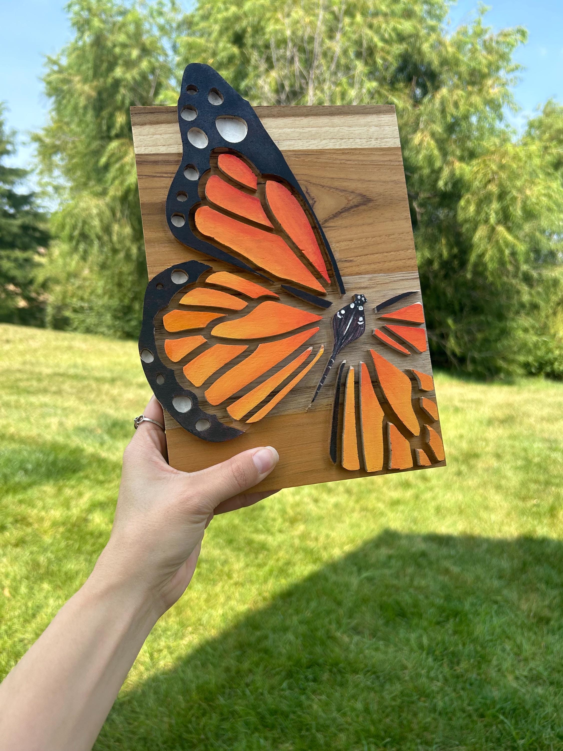 Wooden Hand-painted Butterfly Wall Art, Monarch Butterfly Wood Carving