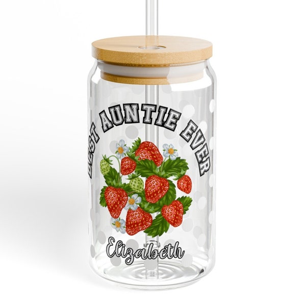 Personalized Auntie Iced Coffee Best Ever Can Cup Boho Strawberry Retro Design, Appreciation Gift, Glass Sipper w/Lid Straw, Mothers Day