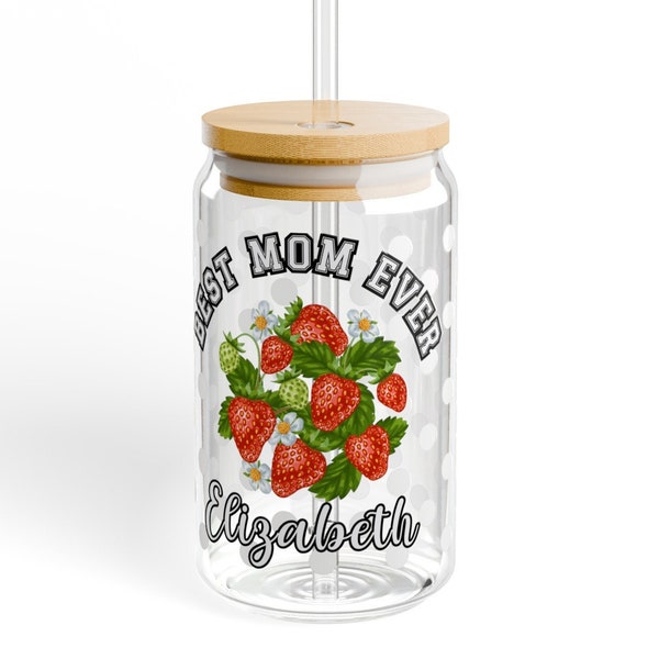 Personalized Mom Strawberry Cottage Core Iced Coffee Best Ever Can Cup Boho Retro Design, Mother Gift, Glass Sipper w/Lid Straw, Iced Tea