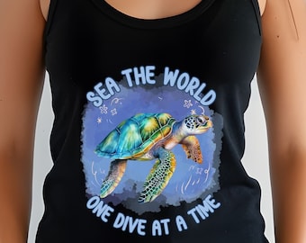 Women's Scuba Sea Turtle Razor Back Tank Top Shirt, Dive Vacation Sleeveless Shirt, World Traveler Mom Gift, Nautical Tropical Rash Guard