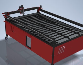 May include: A red metal CNC cutting machine with a black gridded work surface and a black gantry with a cutting tool. The machine has four wheels and is on a light gray background.