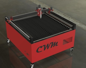 May include: Red metal CNC cutting machine with a black cutting bed and a CWM logo. The machine is on wheels and has a black cutting head.