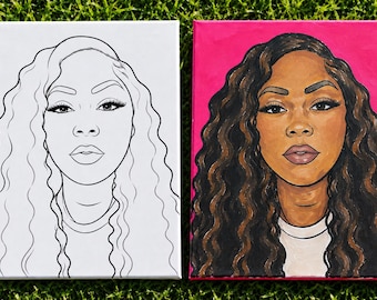 May include: Two rectangular canvases featuring a portrait of a person with long wavy hair. The left canvas is a black and white line drawing, while the right canvas is a full-color painting with a vibrant pink background and brown hair.