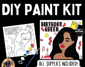 Black Woman Paint Party Art Kit, DIY Birthday Canvas for Adults, Sip and Paint at Home, Gift for Her, Painting Kit for Women, Paint and Sip