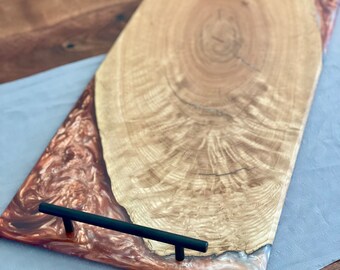 Large Live-Edge White Oak Wood & Colored Epoxy Serving/Charcuterie Board w/ Handles