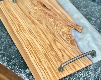 Live-Edge Olive Wood & White Ghost Epoxy Serving/Charcuterie Board w/ Handles