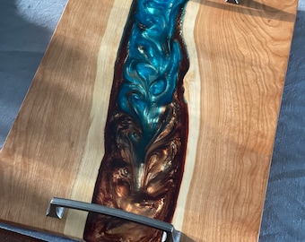 Live-Edge Cherry Wood & Colored Epoxy Serving/Charcuterie Board w/ Handles